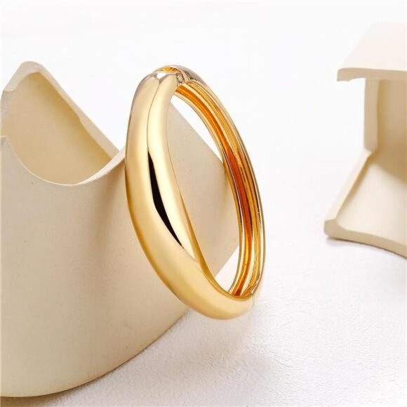 Gold Cuff Bangle Bracelets Trendy Hinged Cuff Open Wide Chunky Gold Bracelet - Picture 2 of 5